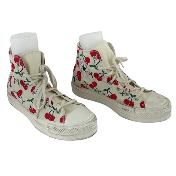 Converse Cream/Red Cherry Print Canvas Hi-Top Sneakers Women’s Size 9 Preowned - Picture 1 of 8